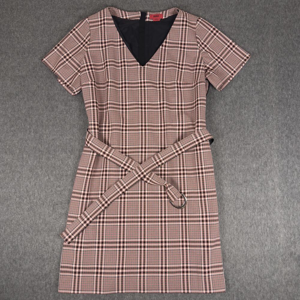 HUGO BOSS Dress Womens Medium Multicolor Plaid Sheath Belted V Neck Short Sleeve